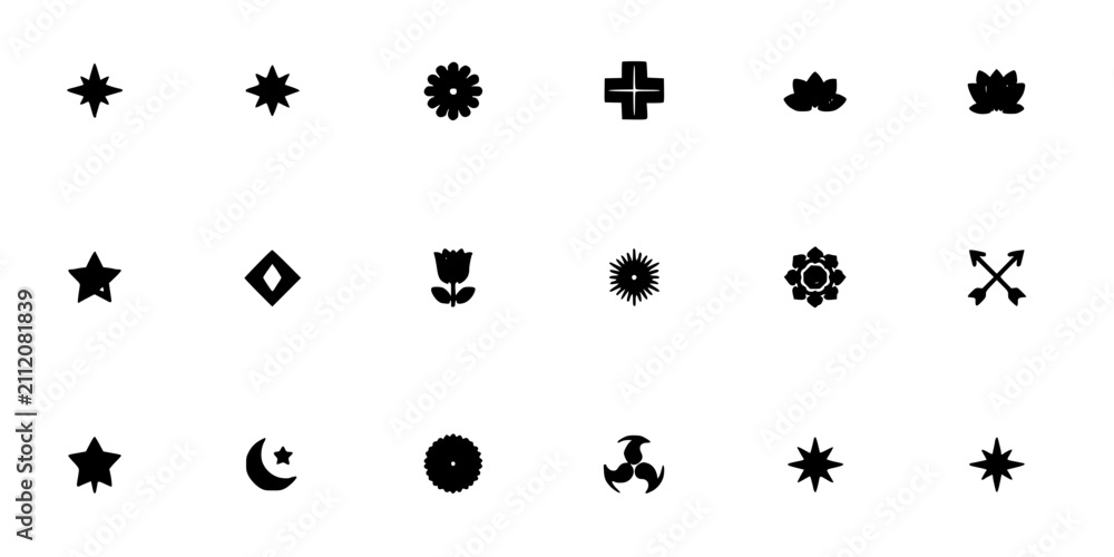 Fototapeta premium Symbols Featuring Stars, Flowers, and Geometric Shapes in Black and White Featuring Icons, Design, Illustration with Vector