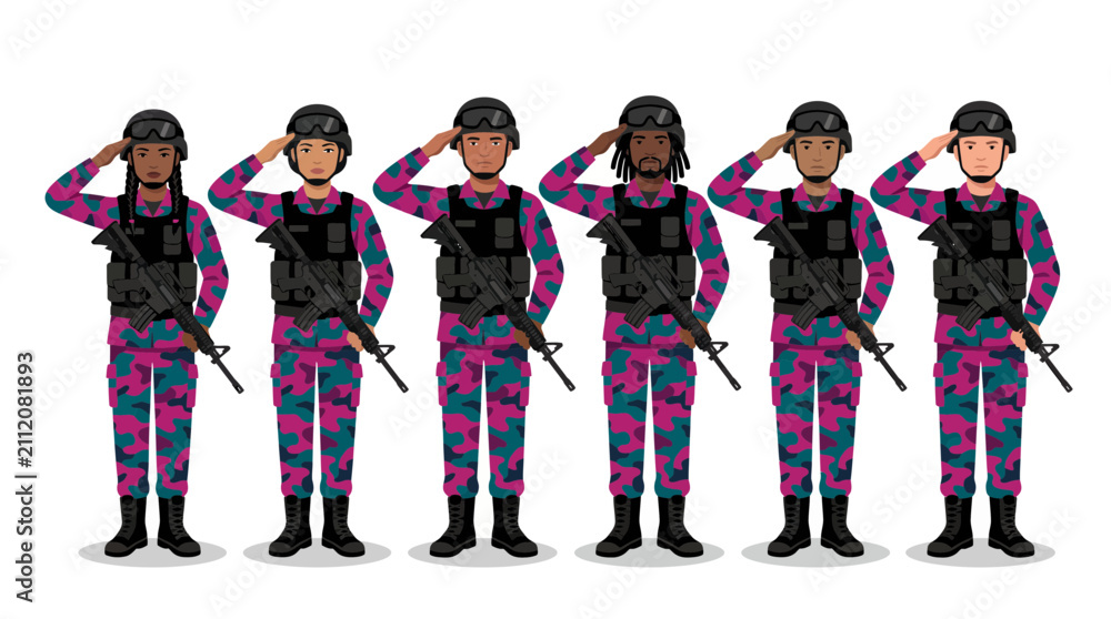 Obraz premium Diverse multicultural army soldiers in tactical camouflage gear saluting with rifles on white background, Symbolizing national defense service and armed forces patriotic unity