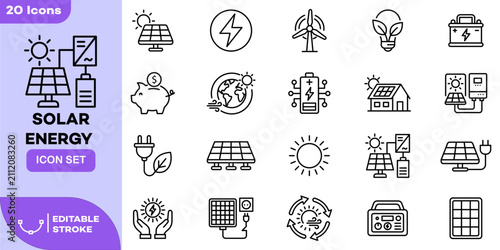 Solar Power Renewable Energy Line Icon Set. Sustainable Green Electricity Outline Symbol Collection with Solar Panel, Wind Turbine, Battery, Eco Bulb, Charger and Smart Home Icons. Editable Stroke