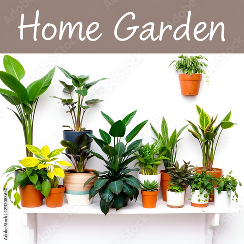 Indoor home garden with potted houseplants on white shelf in bright natural light