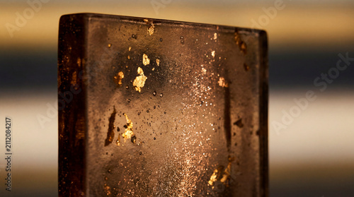 Close up textured glass block with gold flecks glowing against warm blurred background