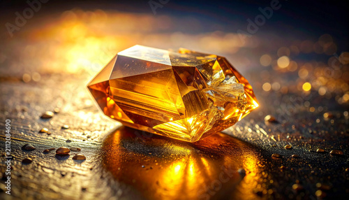 Gleaming Gemstone: A radiant, faceted amber gemstone rests on a textured surface, catching the light and casting a warm, golden glow, symbolizing wealth and luxury.