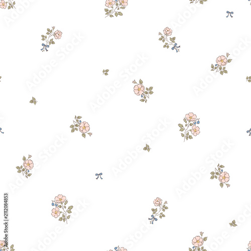 Delicate Vintage Wild Rose Floral Watercolor Seamless Pattern with Blue Ribbon Bows