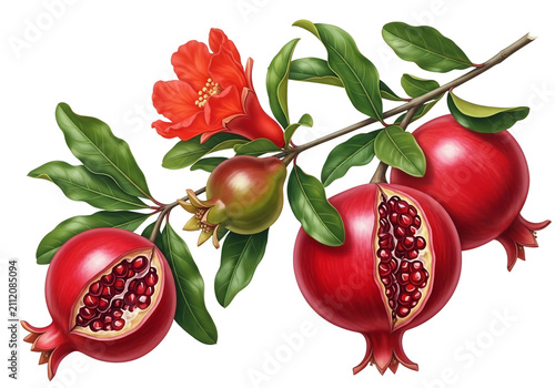 vintage botanical illustration of pomegranate tree branch with beautiful flowers