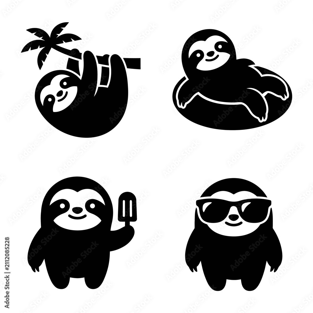 Fototapeta premium Set of Four Adorable Chubby Sloth Vector Icons Featuring Tropical Summer Vacation Activities and Relaxed Beach Lifestyle Poses