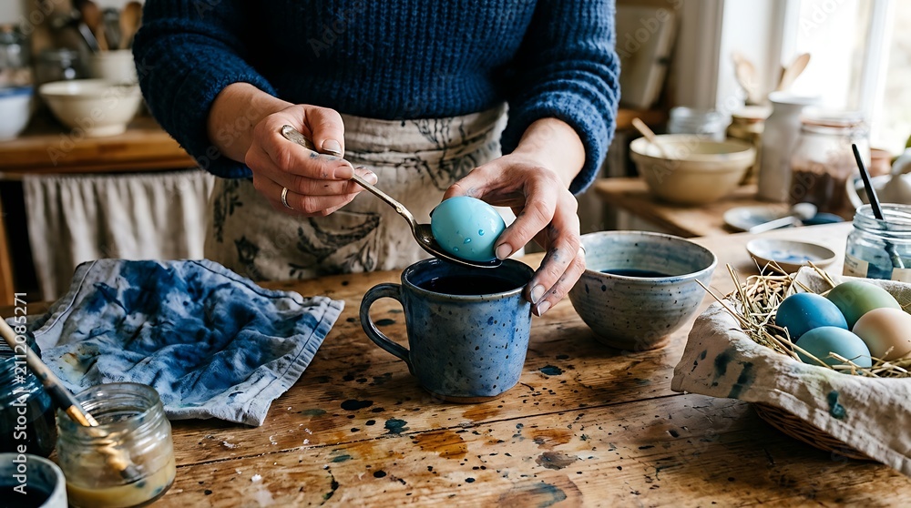Obraz premium Person dyeing easter eggs with colorful liquid in a rustic kitchen at home during spring holiday season