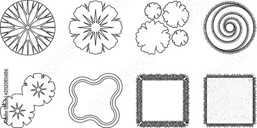 Set of landscape architecture plan symbols for garden design including trees shrubs and grass textures vector illustration