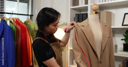 Fashion designer creating garment patterns, measuring fabric, inspecting clothing quality, and preparing apparel in a professional studio for tailoring, production, and fashion design workflow.