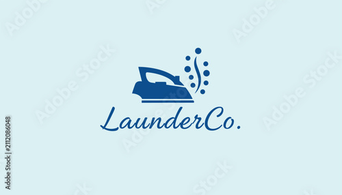 Creative logo design for a laundry service company featuring a blue steam iron icon with water bubbles and elegant cursive text.