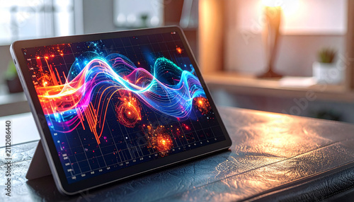 Digital Symphony on Tablet: A modern tablet displays a vibrant, abstract visualization of sound waves, rendered in neon blues, purples, and oranges, suggesting a fusion of technology and art.