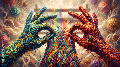 Hands weaving colorful yarn fabric. Artistic textile creation with vibrant thread patterns.
