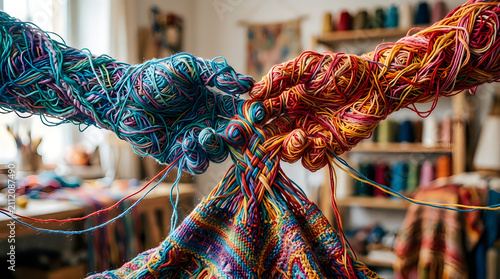 Hands weaving colorful yarn together. People crafting fabric with vibrant wool threads.