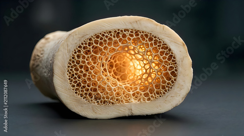 Human bone cross section showing internal structure. Cancellous spongy bone tissue anatomy.