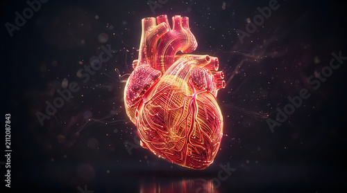 Glowing fiber optic human heart. Digital anatomy model representing advanced medical technology.