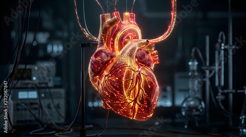 3D human heart with glowing fiber optic arteries. Digital medical anatomy model showcasing cardiovascular health technology.