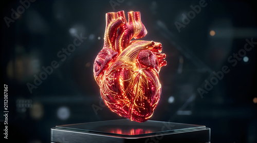 Human heart made of glowing fiber optics. Digital anatomy model of a cardiovascular organ.