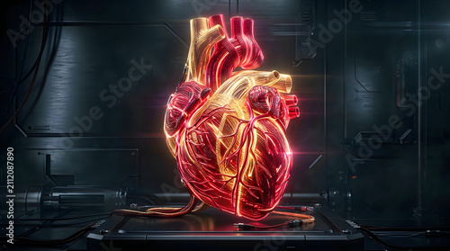 3D human heart made of glowing fiber optic threads. Digital anatomical organ with futuristic illuminated network texture.
