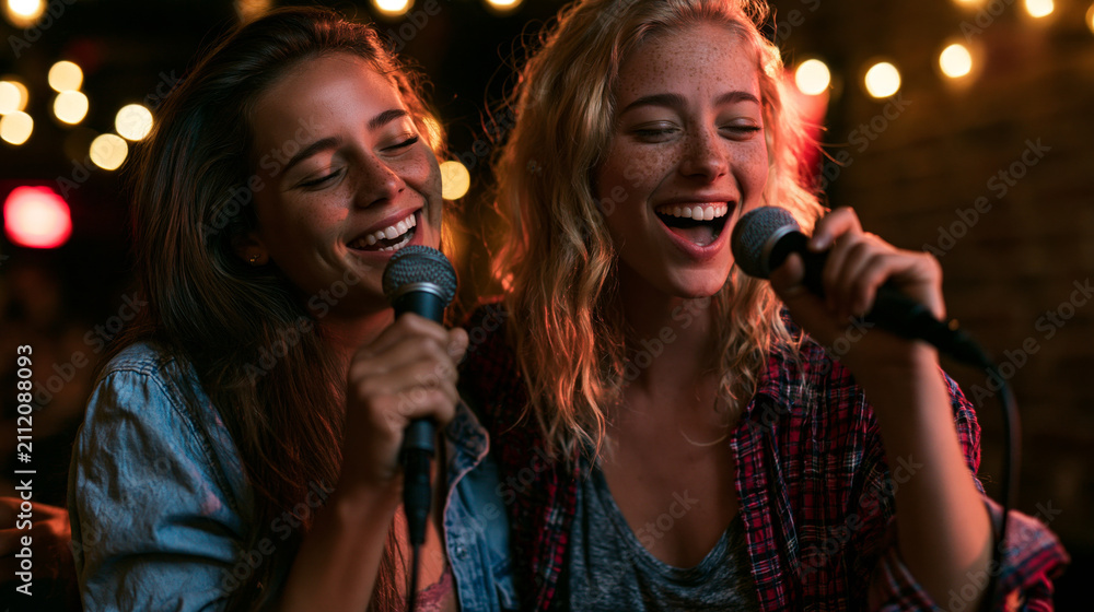 Obraz premium Two friends singing a joyful karaoke duet at a cozy night party with warm string lights