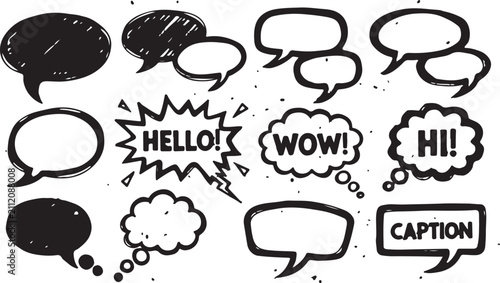 A collection of black hand-drawn speech and thought bubbles with comic expressions like Hello, Wow, and Hi on a white background.