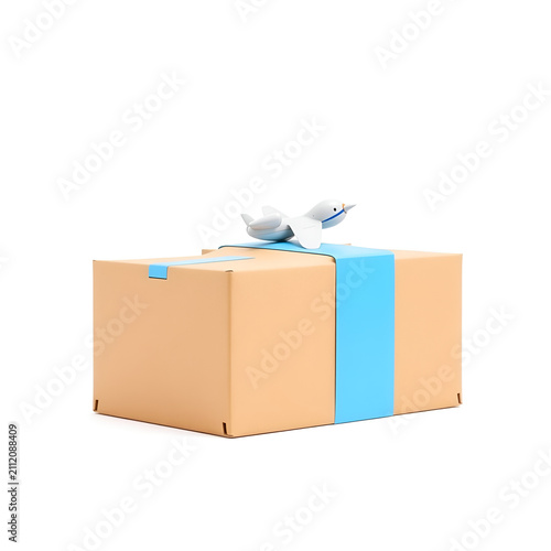 Blue origami bird perched on stacked cardboard boxes against white background
