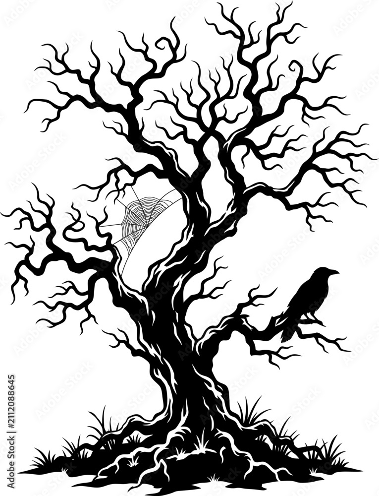 Obraz premium Scary Dead Tree with Crow Silhouette Halloween Illustration
