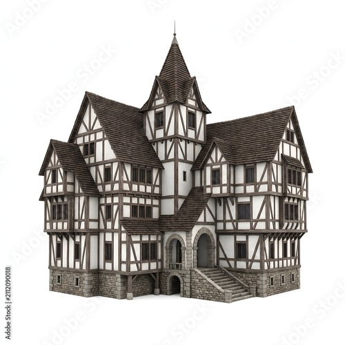 Historic medieval half-timbered manor house with stone steps and pointed roof