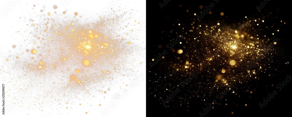 Obraz premium Golden glitter explosion with sparkling bokeh lights on black background, luxury festive dust texture for holiday celebration, abstract digital art wallpaper for event branding and social media design