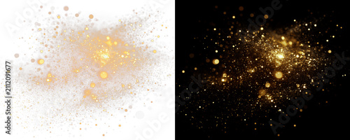 Golden glitter explosion with sparkling bokeh lights on black background, luxury festive dust texture for holiday celebration, abstract digital art wallpaper for event branding and social media design
