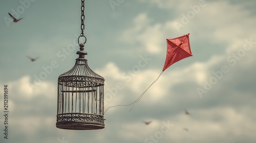 Empty Birdcage with Red Kite Freedom Concept in Sky