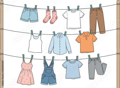 Hand Drawn Laundry Vector Set with Clothes Hanging on Clothesline Drying Garments T-Shirt Pants Dress and Socks with Clothespins Illustrations