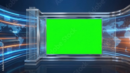 Virtual television news studio with green screen display. Digital broadcast background for current events and business report. Modern blue media production set for news reporting concept.