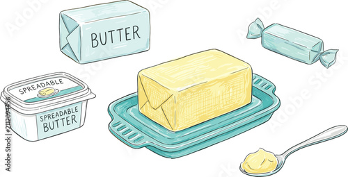 Hand Drawn Butter and Dairy Product Vector Set with Butter Dish Spreadable Margarine Tub Foil Wrapper and Spoon Illustrations