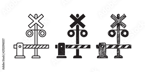 Foto Railroad Crossing Barrier Icon Set in Outline, Solid, and Hand-Drawn Sketch Styl