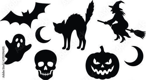  Halloween silhouette vector icon set featuring scary elements like black cat witch ghost bat skull pumpkin and moon