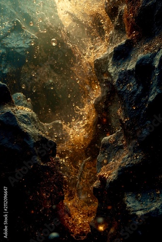 Golden particles swirl through dark, rugged rock crevices