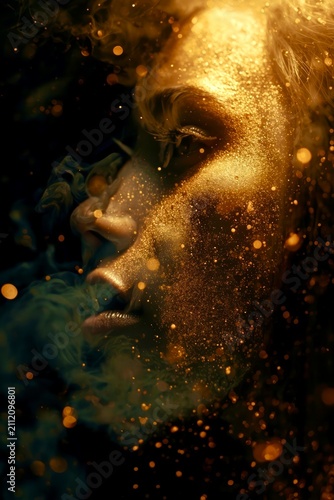 Golden light swirls around a woman's face