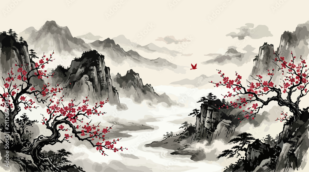 Obraz premium Plum Blossom Mountain Ink Landscape Vector Background