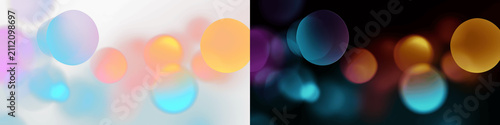 Abstract vibrant bokeh background with glowing neon circles, soft light gradients and colorful blurred spheres in blue, orange and purple, digital art backdrop for modern web design and presentation