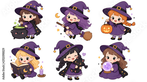 Cute Witches: A collection of adorable witch illustrations, each engaged in a magical Halloween activity, showcasing charming costumes and whimsical props.