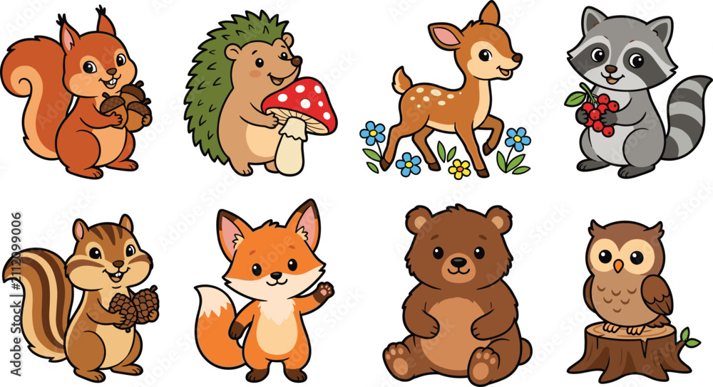 Obraz premium Cute Woodland Forest Animals Cartoon Character Collection Vector Illustration Set