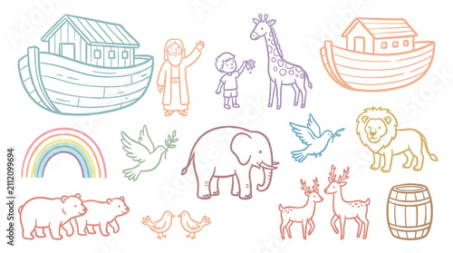 Noah's Ark story elements doodle illustrations featuring various animals, a rainbow, and the ark itself, rendered in a charming pastel outline style.