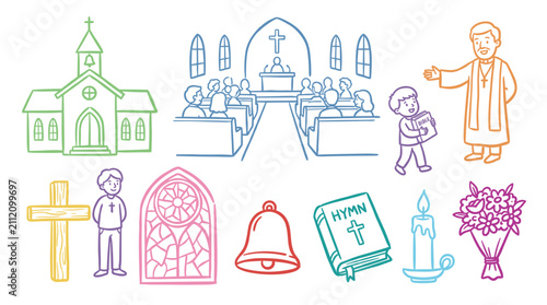Vibrant hand-drawn Christian church and religious symbols illustration set depicting worship, community, spiritual concepts, and faith elements for various uses.