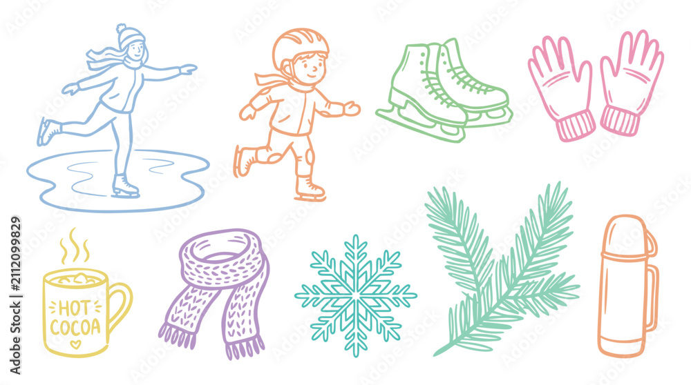 Fototapeta premium Winter ice skating activities and cozy cold weather items collection featuring charming hand-drawn outline illustrations for seasonal themes.
