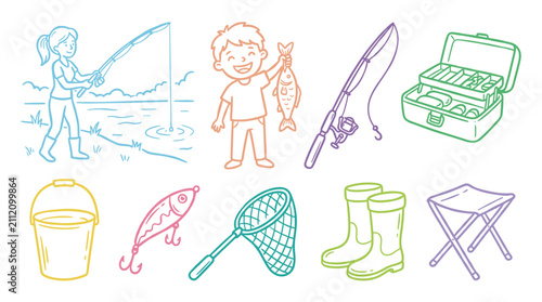Children and adults enjoying fishing activity with various gear and equipment, depicting a popular outdoor hobby and recreational pursuit.