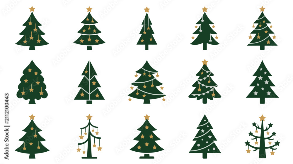 Obraz premium Collection of Decorative Christmas Tree Icons with Minimalist Green Design and Golden Ornament Details for Festive Seasonal Graphics pC (330)