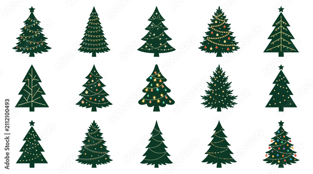Obraz premium Collection of Decorative Christmas Trees with Various Ornaments and Festive Lights for Seasonal Holiday Graphic Design Projects