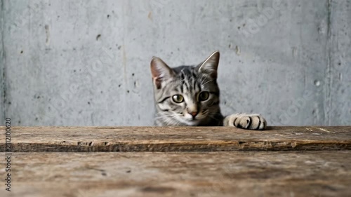Cat Peeking Over Wooden Table in a Room With Concrete Wall