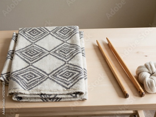 Geometric handwoven fabric folded on table with wooden tools and yarn