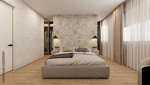 Konstfotografi Contemporary bedroom with an upholstered bed, textured accent wall, warm pendant