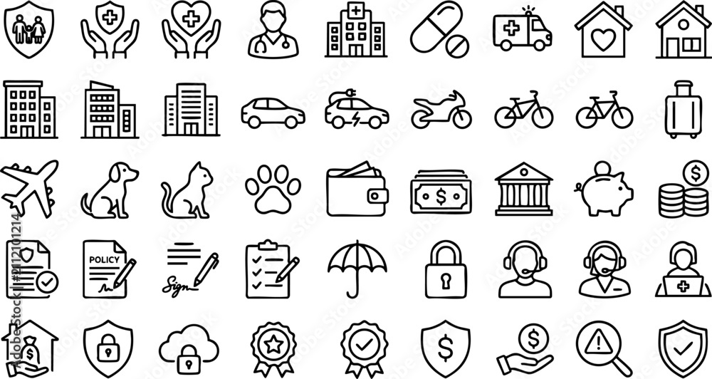 Fototapeta premium Professional insurance coverage and personal protection line icon collection with insurance